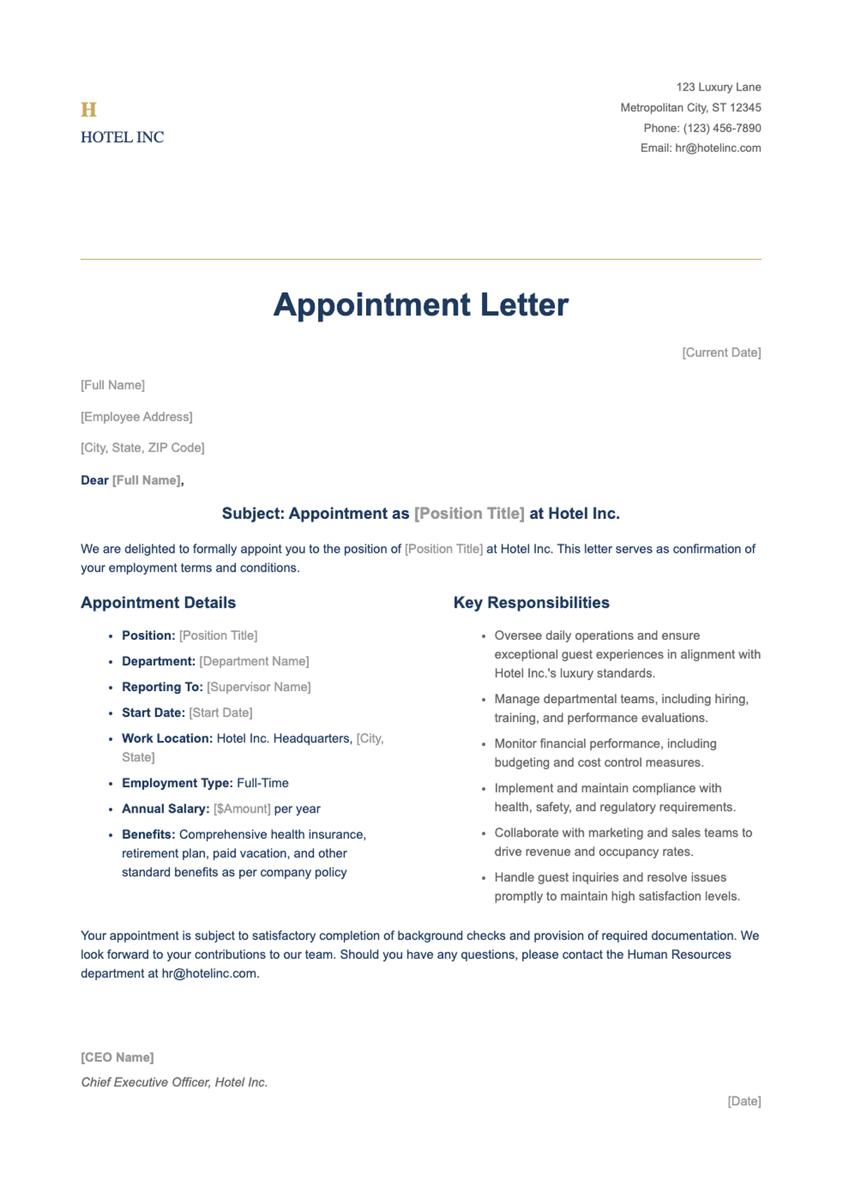 Hotel appointment letter template with placeholder fields and company branding_variant_2